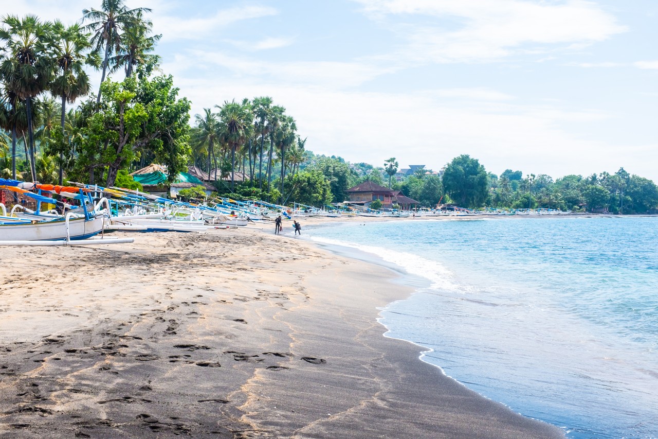 Traditional fishing boats along the shore at Amed, Bali