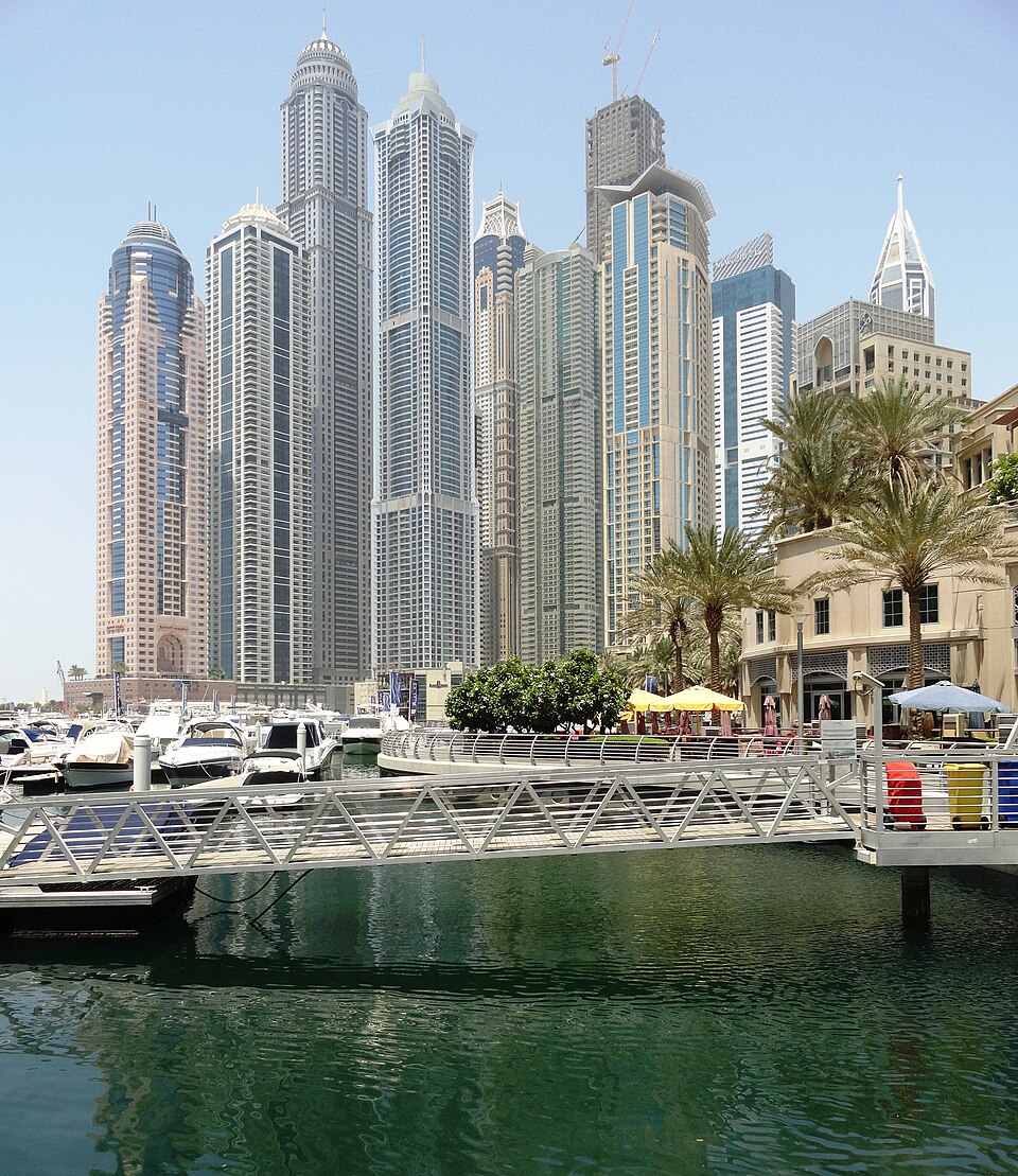 Dubai Marina, its boats and waterfront buildings